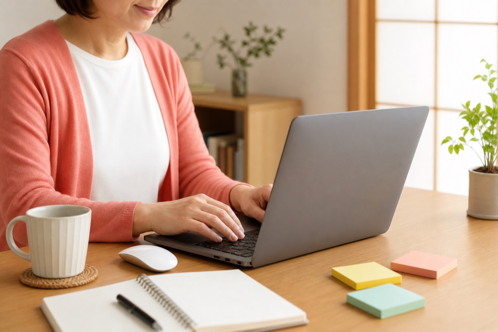 ノートパソコンでPC基礎を学ぶ女性